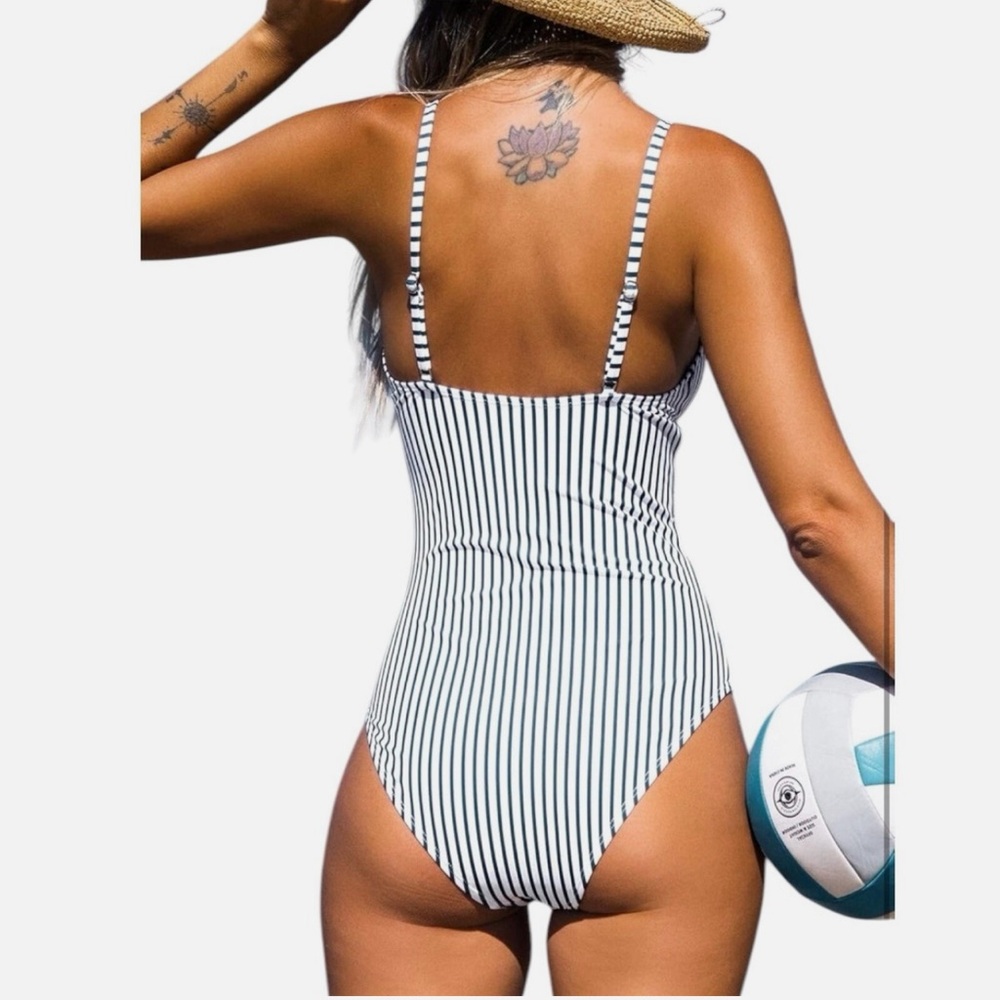 Navy Blue Nautical Striped Print Tummy Control One Piece Swimsuit - Picture 6 of 9